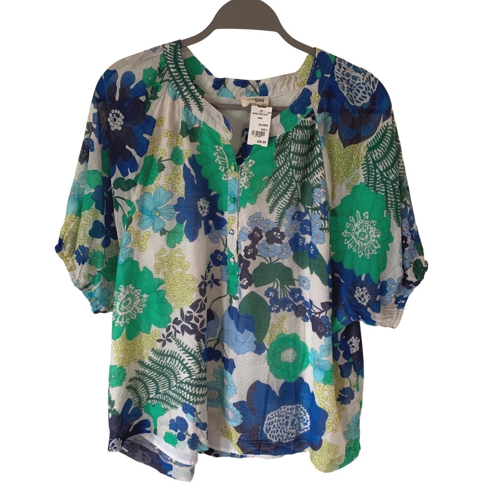 NEW Umgee sz L Blouse Blue Green Floral Lined Split Neck Short Sleeve Top w/ tag